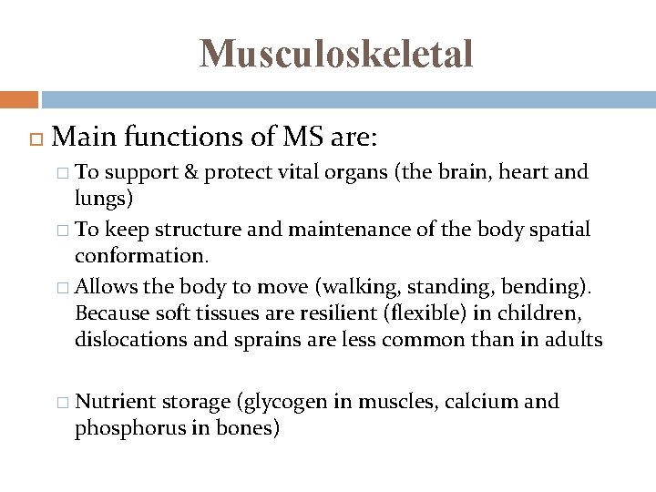 Musculoskeletal Main functions of MS are: � To support & protect vital organs (the