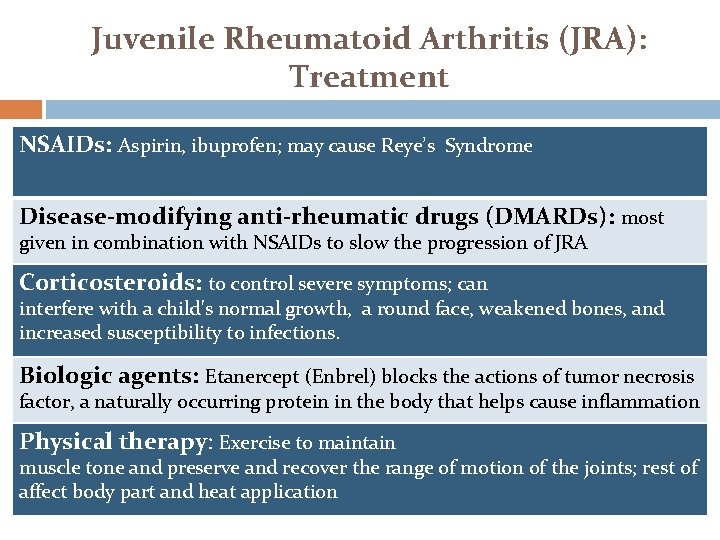 Juvenile Rheumatoid Arthritis (JRA): Treatment NSAIDs: Aspirin, ibuprofen; may cause Reye’s Syndrome Disease-modifying anti-rheumatic