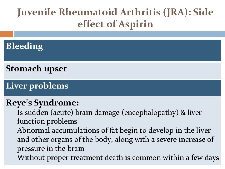 Juvenile Rheumatoid Arthritis (JRA): Side effect of Aspirin Bleeding Stomach upset Liver problems Reye’s Juvenile Rheumatoid Arthritis (JRA): Side effect of Aspirin Bleeding Stomach upset Liver problems Reye’s