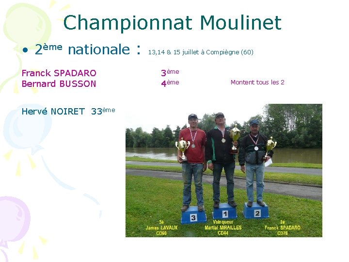 Championnat Moulinet • 2ème nationale : Franck SPADARO Bernard BUSSON Hervé NOIRET 33ème 13,