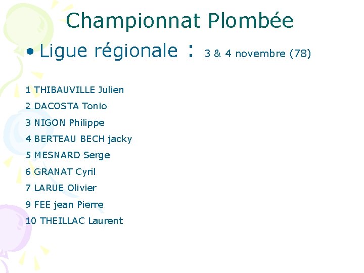 Championnat Plombée • Ligue régionale 1 THIBAUVILLE Julien 2 DACOSTA Tonio 3 NIGON Philippe