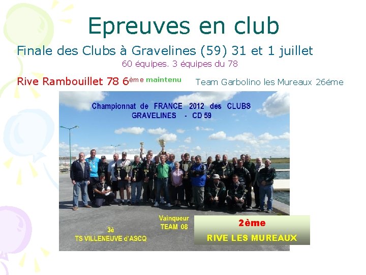 Epreuves en club Finale des Clubs à Gravelines (59) 31 et 1 juillet 60