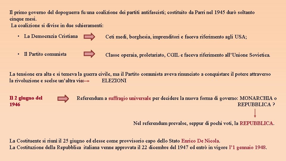 Il primo governo del dopoguerra fu una coalizione dei partiti antifascisti; costituito da Parri
