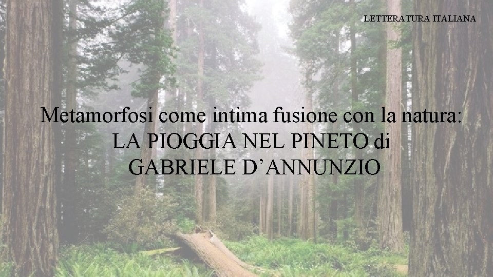 LETTERATURA ITALIANA Metamorfosi come intima fusione con la natura: LA PIOGGIA NEL PINETO di