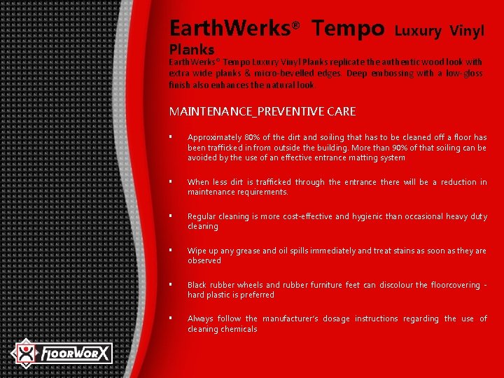 Earth. Werks® Tempo Luxury Vinyl Planks replicate the authentic wood look with extra wide