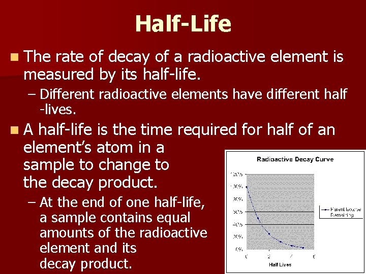 Half-Life n The rate of decay of a radioactive element is measured by its