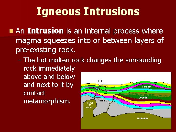 Igneous Intrusions n An Intrusion is an internal process where magma squeezes into or