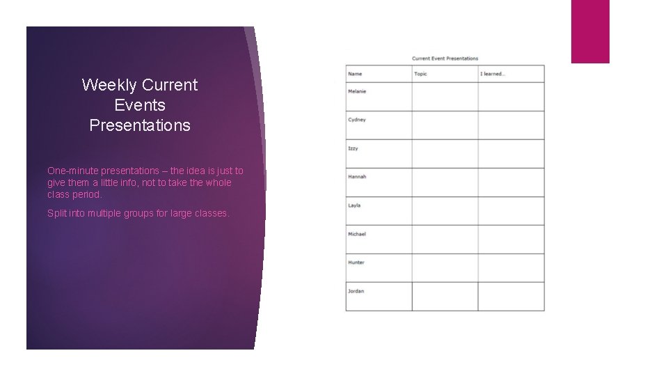 Weekly Current Events Presentations One-minute presentations – the idea is just to give them