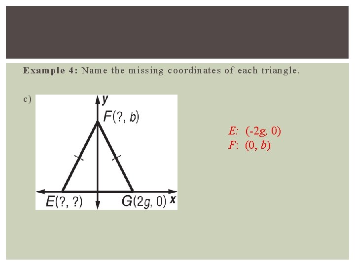 Example 4: Name the missing coordinates of each triangle. c) E: (-2 g, 0)