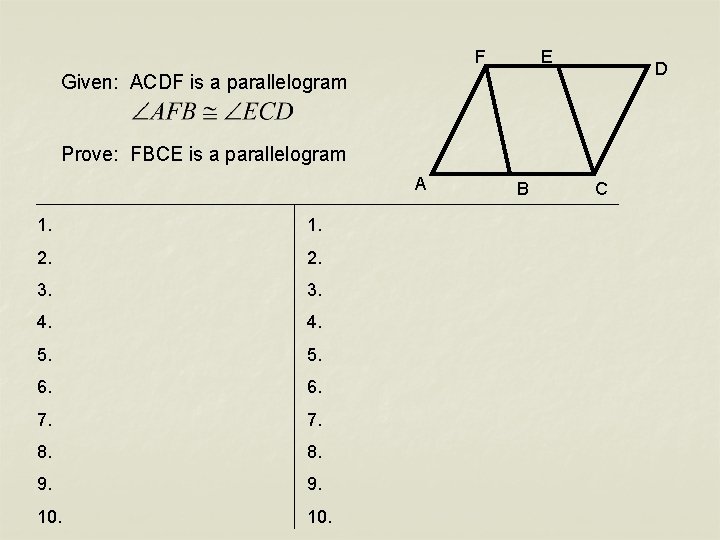 F E D Given: ACDF is a parallelogram Prove: FBCE is a parallelogram A