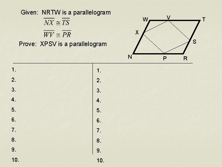 Given: NRTW is a parallelogram V W T X S Prove: XPSV is a