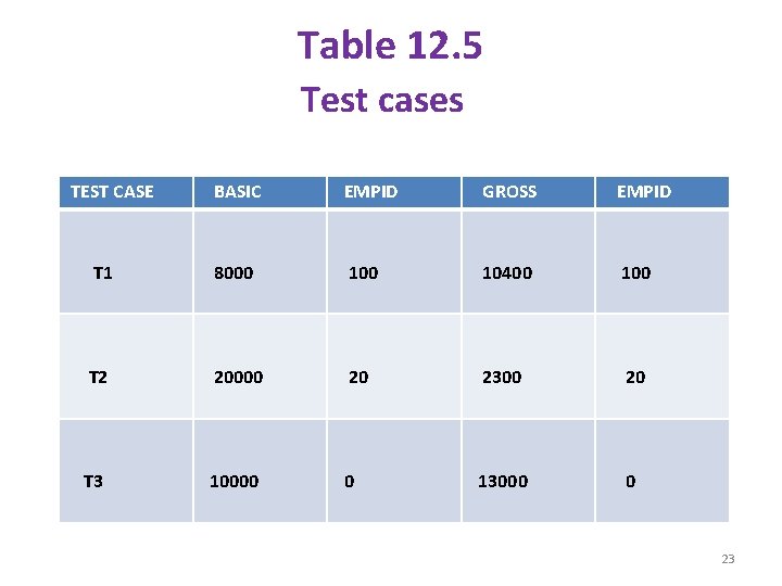 Table 12. 5 Test cases TEST CASE BASIC EMPID GROSS EMPID T 1 8000