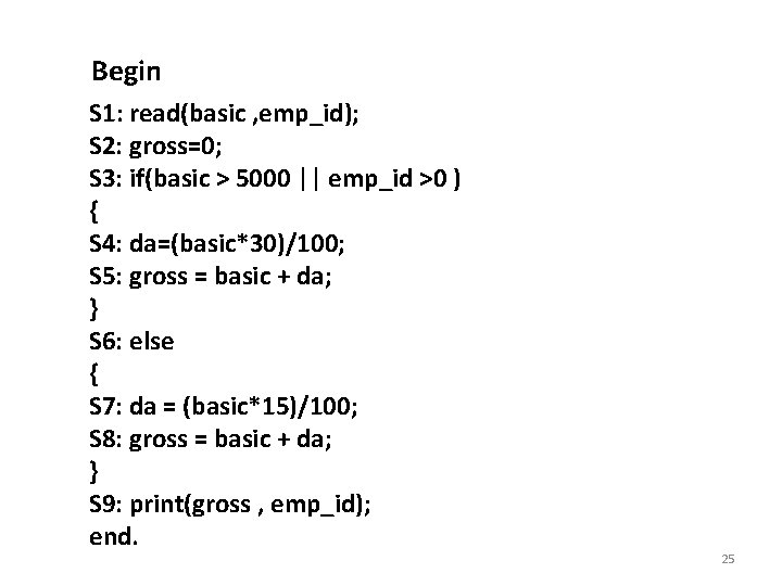 Begin S 1: read(basic , emp_id); S 2: gross=0; S 3: if(basic > 5000