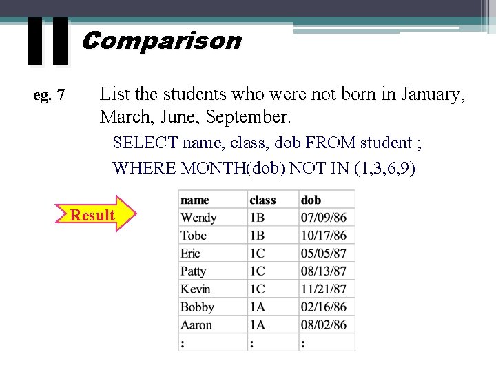 II eg. 7 Comparison List the students who were not born in January, March,