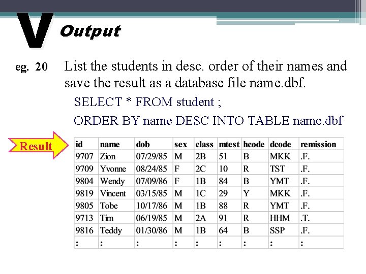 V eg. 20 Output List the students in desc. order of their names and