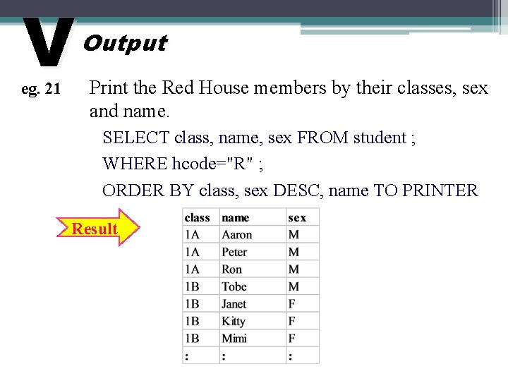 V eg. 21 Output Print the Red House members by their classes, sex and