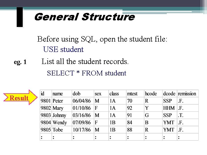I eg. 1 General Structure Before using SQL, open the student file: USE student