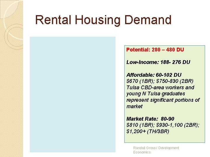 Rental Housing Demand Potential: 280 – 480 DU Low-Income: 188 - 276 DU Affordable: