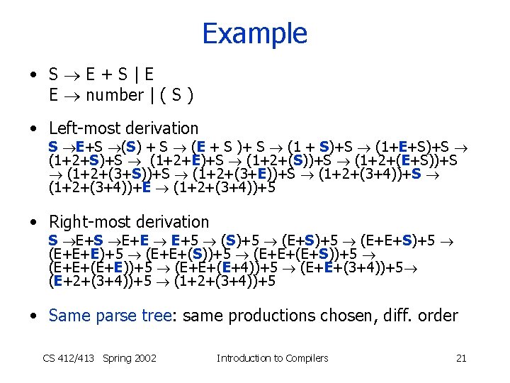 Example • S E+S|E E number | ( S ) • Left-most derivation S