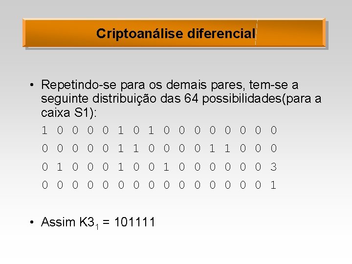 Criptoanálise diferencial • Repetindo-se para os demais pares, tem-se a seguinte distribuição das 64