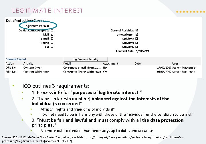 LEGITIMATE INTEREST • ICO outlines 3 requirements: • • 1. Process info for “purposes