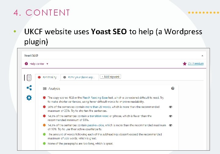 4. CONTENT • UKCF website uses Yoast SEO to help (a Wordpress plugin) 
