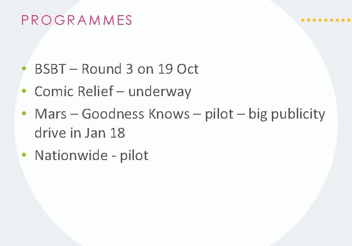PROGRAMMES • BSBT – Round 3 on 19 Oct • Comic Relief – underway