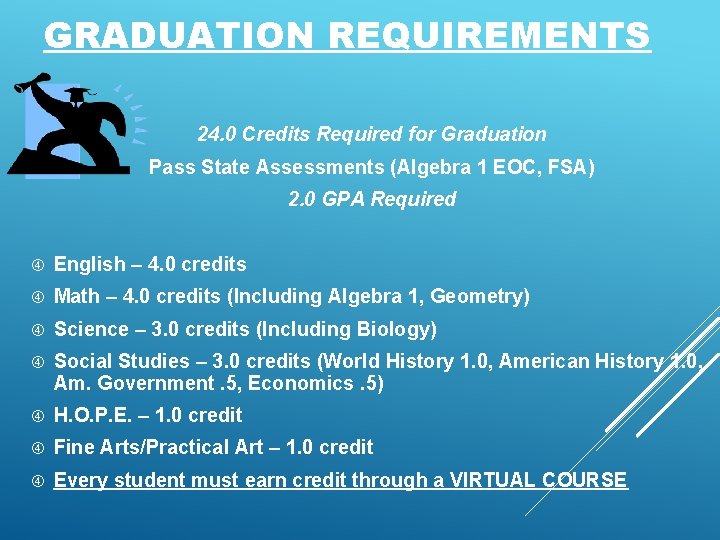 GRADUATION REQUIREMENTS 24. 0 Credits Required for Graduation Pass State Assessments (Algebra 1 EOC,