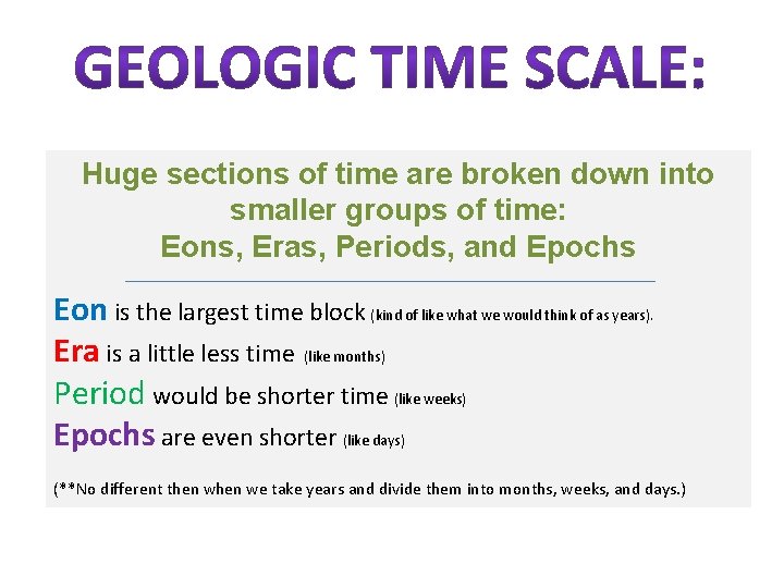 Huge sections of time are broken down into smaller groups of time: Eons, Eras,