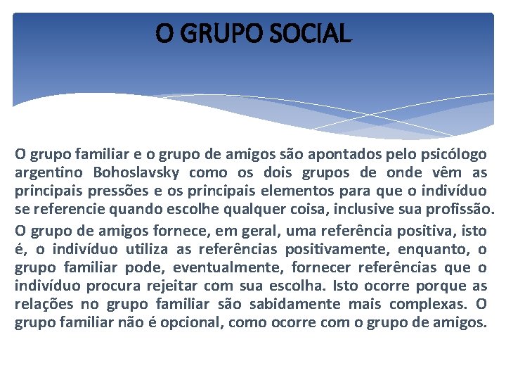 O GRUPO SOCIAL O grupo familiar e o grupo de amigos são apontados pelo