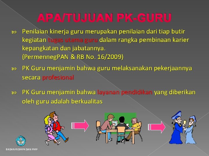 APA/TUJUAN PK-GURU Penilaian kinerja guru merupakan penilaian dari tiap butir kegiatan tugas utama guru