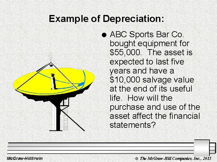 Example of Depreciation: l Mc. Graw-Hill/Irwin ABC Sports Bar Co. bought equipment for $55,