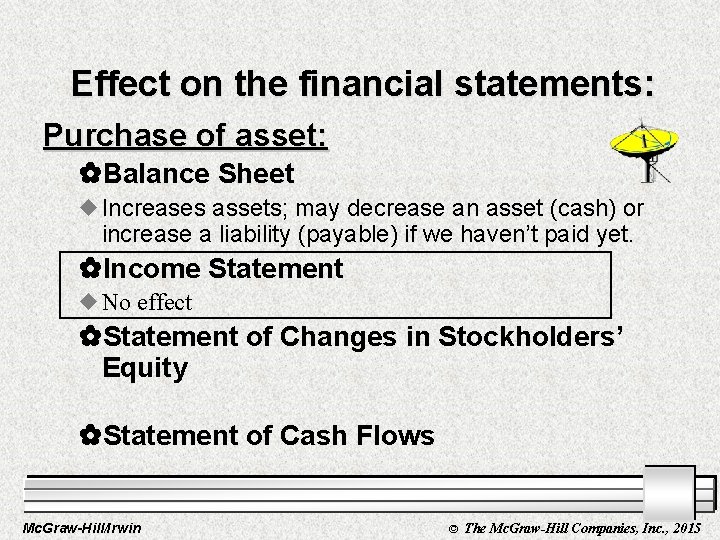 Effect on the financial statements: Purchase of asset: _Balance Sheet u Increases assets; may