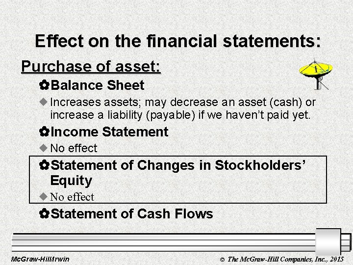 Effect on the financial statements: Purchase of asset: _Balance Sheet u Increases assets; may