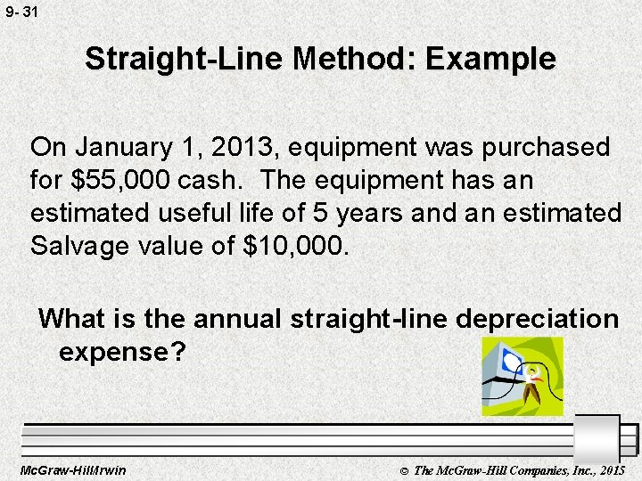 9 - 31 Straight-Line Method: Example On January 1, 2013, equipment was purchased for