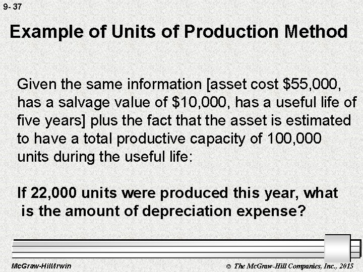 9 - 37 Example of Units of Production Method Given the same information [asset