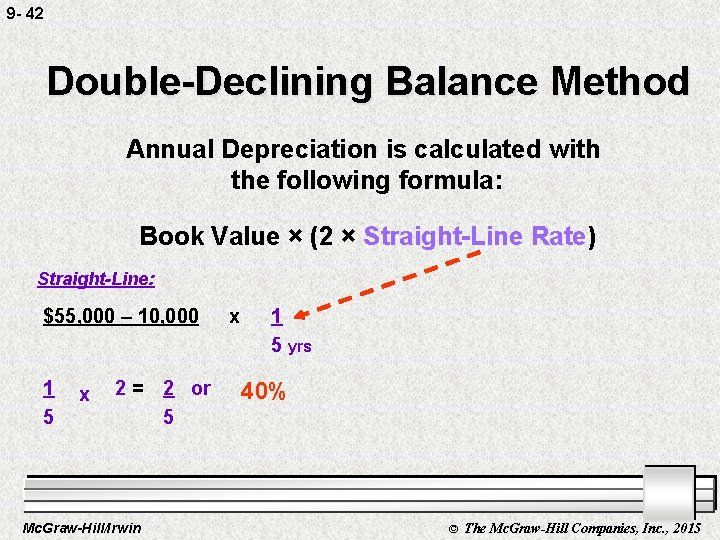 9 - 42 Double-Declining Balance Method Annual Depreciation is calculated with the following formula: