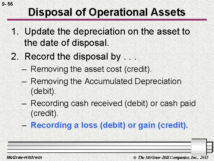 9 - 55 Disposal of Operational Assets 1. Update the depreciation on the asset