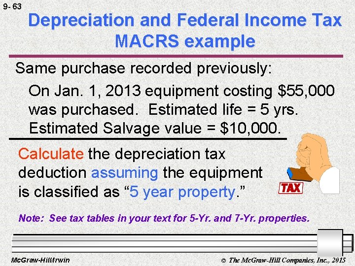 9 - 63 Depreciation and Federal Income Tax MACRS example Same purchase recorded previously: