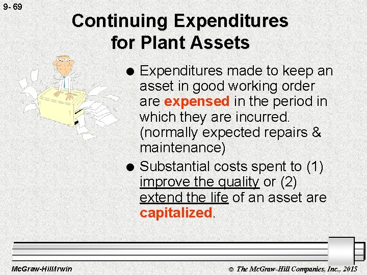 9 - 69 Continuing Expenditures for Plant Assets l l Mc. Graw-Hill/Irwin Expenditures made