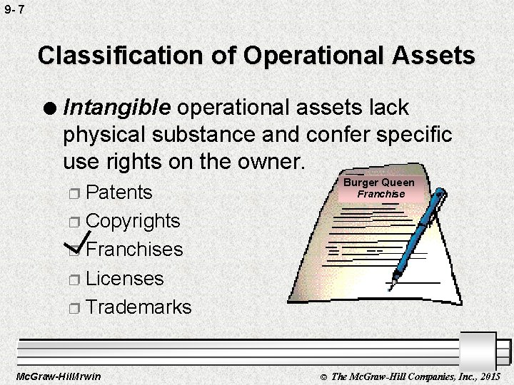 9 - 7 Classification of Operational Assets l Intangible operational assets lack physical substance