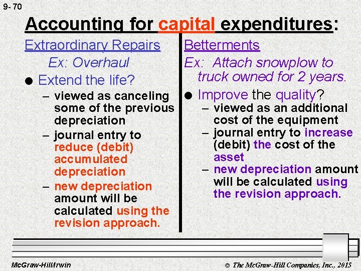 9 - 70 Accounting for capital expenditures: Extraordinary Repairs Ex: Overhaul l Extend the