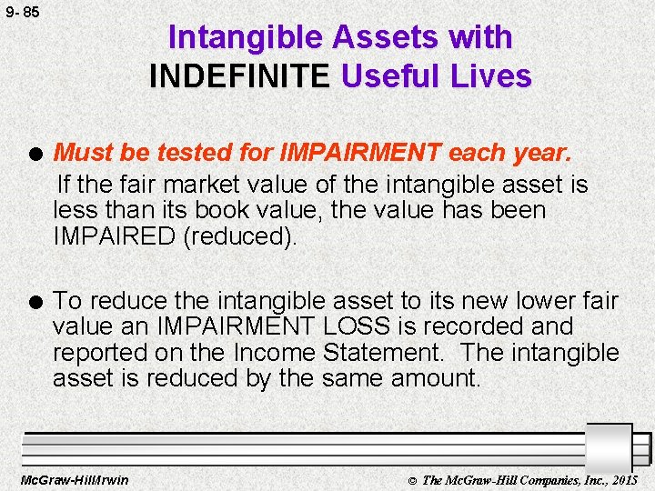 9 - 85 Intangible Assets with INDEFINITE Useful Lives l Must be tested for