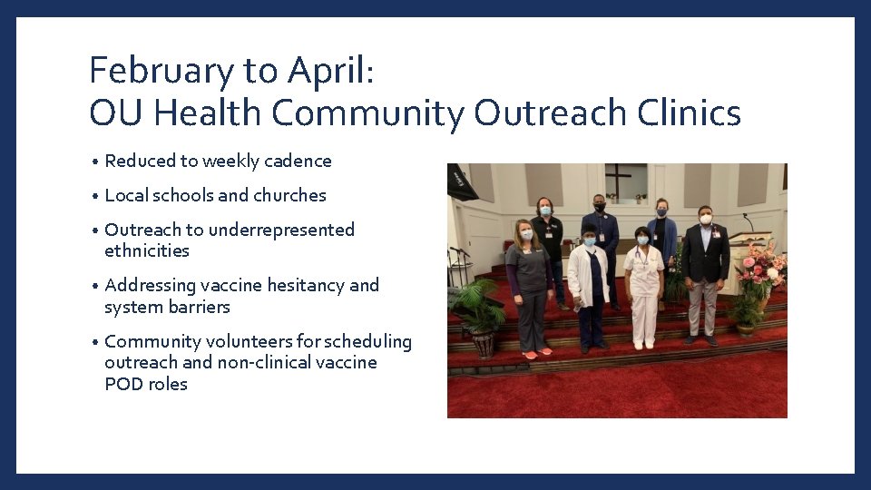 February to April: OU Health Community Outreach Clinics • Reduced to weekly cadence •