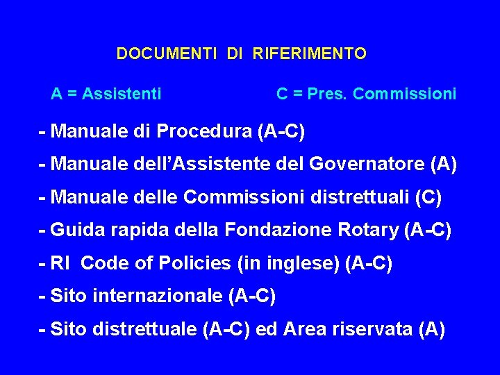 DOCUMENTI DI RIFERIMENTO A = Assistenti C = Pres. Commissioni - Manuale di Procedura