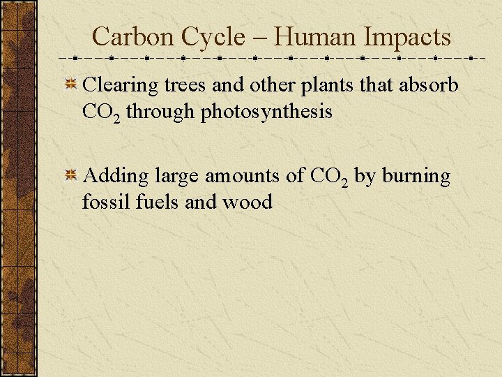 Carbon Cycle – Human Impacts Clearing trees and other plants that absorb CO 2