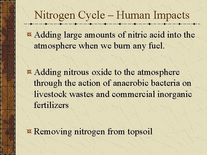 Nitrogen Cycle – Human Impacts Adding large amounts of nitric acid into the atmosphere