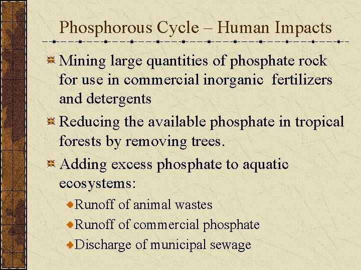 Phosphorous Cycle – Human Impacts Mining large quantities of phosphate rock for use in