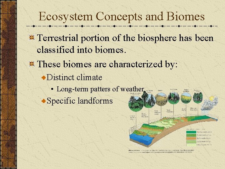 Ecosystem Concepts and Biomes Terrestrial portion of the biosphere has been classified into biomes.