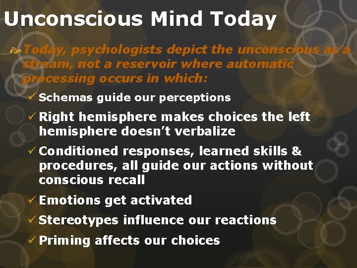 Unconscious Mind Today, psychologists depict the unconscious as a stream, not a reservoir where